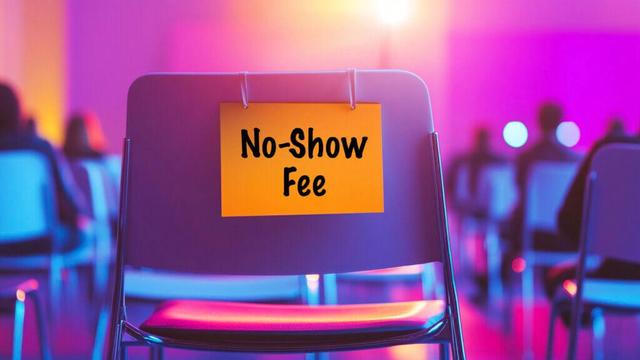 Back view of people sitting in rows of chairs in a conference room. One of the chairs is empty and has a sign "No-Show Fee" hanging on the back.