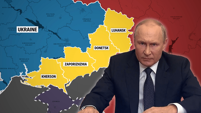 image of Putin superimposed over  map of Ukraine and the territories Russia invaded