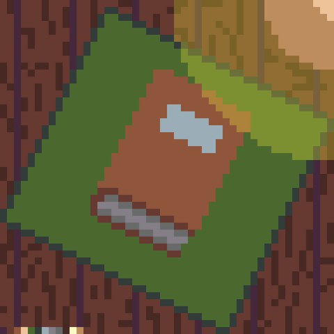 A book laying on a green cloth on top of a wooden table. There is a lamp in the top right corner illuminating the image. Isometric pixel art.