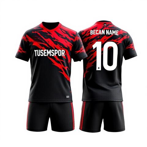 TS-0052, sahada sert ve iddialı bir görünüm isteyen takımlar için tasarlandı. Kömür siyahı zemin üzerine ateş kırmızısı pençe izleri, rakiplere korku salarken, konforlu kumaşı oyunculara rahatlık sağlar. İsim ve numara baskısı ücretsizdir.