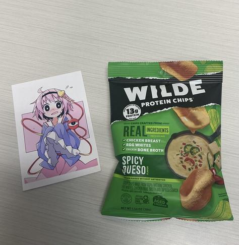 On a desk with fine diagonal lines and with a shadow in the lower left corner: on the left a card of Satori Komeiji, telepath from the touhou project looking distressed and on the right a green pack of WILDE PROTEIN chips that have 13g PROTEIN that you really shouldn’t try