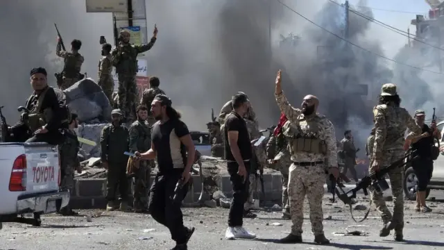 Les forces de sécurité syriennes dans la ville majoritairement druze de Soueida après des violences intercommunautaires le 15 juillet.