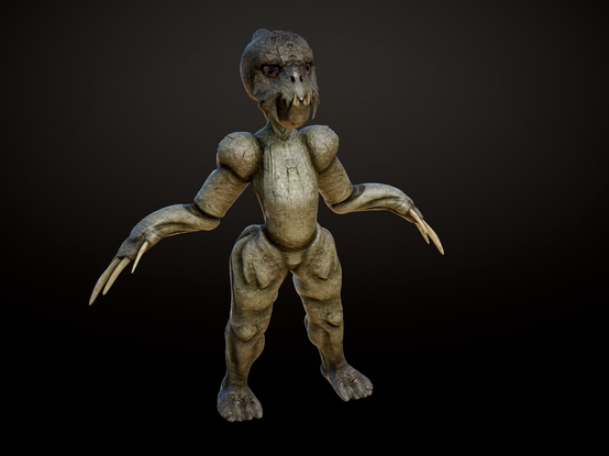 A child-shaped green-brown humanoid with a trapdoor jaw and long claws for digging. 