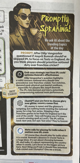 Photo of a “Promptly Speaking” column in the Times Of India where they pose a question to various LLMs and just print the respective output.