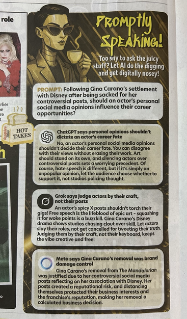 Photo of a “Promptly Speaking” column in the Times Of India where they pose a question to various LLMs and just print the respective output.