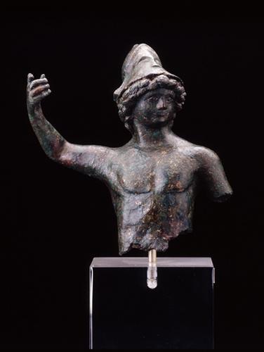 Roman bronze sculpture of Mars as a youthful warrior. He wears a helmet and his right arm is raised, likely to hold a spear that is now lost.