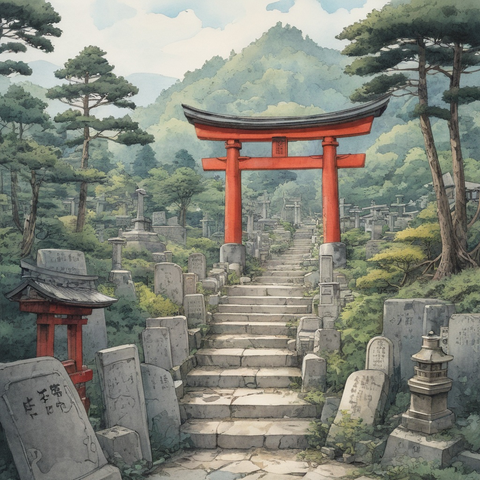 Model: RealVisXL V4.0
comic book illustration, rich full color, thick watercolor, meticulous detail, thick lines), a japanese shinto cemetary, nestled on a forested mountain top, a torii at the entrance