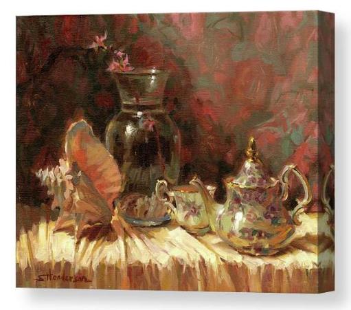 Canvas print of an original oil painting depicting a still life of sea shells, tea pots, and floral elements.
