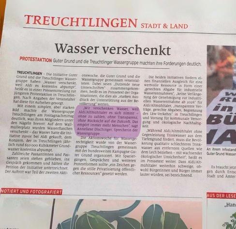 "Wir verschenken Wasser, weil Aldi/Altmühltaler es sich nimmt - ohne zu zahlen, ohne Transparenz, ohne Rücksicht auf die Zukunft. Das empört immer mehr Menschen", sagt Anneliese Dischinger, Sprecherin der Wassergruppe.