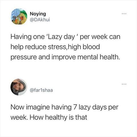 @DAkhul
Having one 'Lazy day per week can help reduce stress, high blood pressure and improve mental health
@far1shaa Now imagine having 7 lazy days per week. How healthy is that