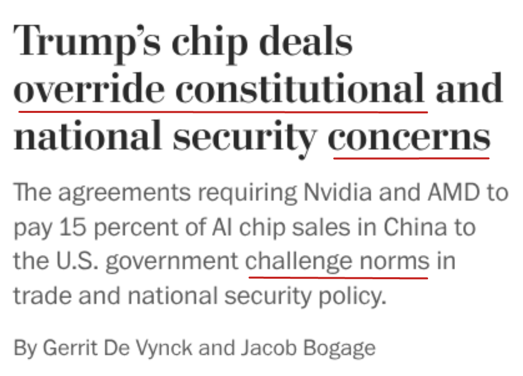Trump's chip deals override constitutional and national security concerns
The agreements requiring Nvidia and AMD to pay 15 percent of Al chip sales in China to the U.S. government challenge norms in trade and national security policy.
By Gerrit De Vynck and Jacob Bogage