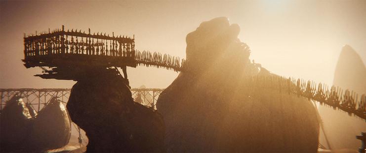 Wide shot, exterior, day -

A platform overlooking the sphincter that supplies drinkable "water" to most of the Gore Fields.