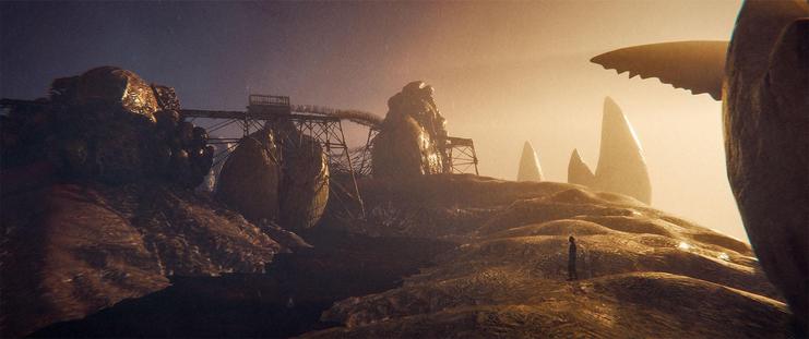 Wide shot, exterior, day -

A man stands outside of Toothtown, looking inward at the raised platform that ringed the center circle of teeth.
