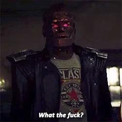 Image of Robotman from HBO “Doom Patrol” (a reddish angular robot wearing a black leather jacket and a punk band T-shirt)
Caption: “what the fuck?”