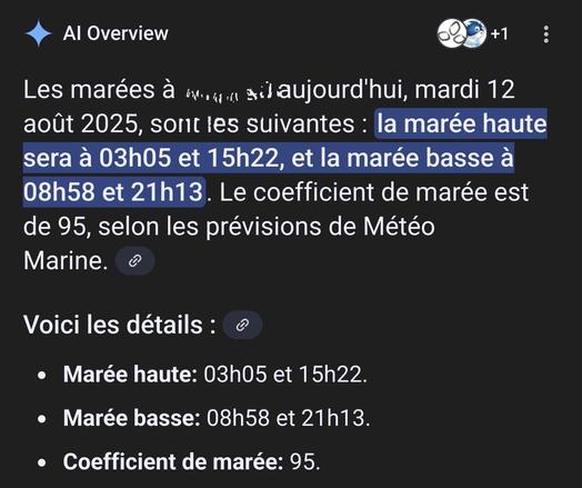 AI Overview

￼

￼

+1

Les marées à Xxxxxx aujourd'hui, mardi 12 août 2025, sont les suivantes : la marée haute sera à 03h05 et 15h22, et la marée basse à 08h58 et 21h13. Le coefficient de marée est de 95, selon les prévisions de Météo Marine. 

