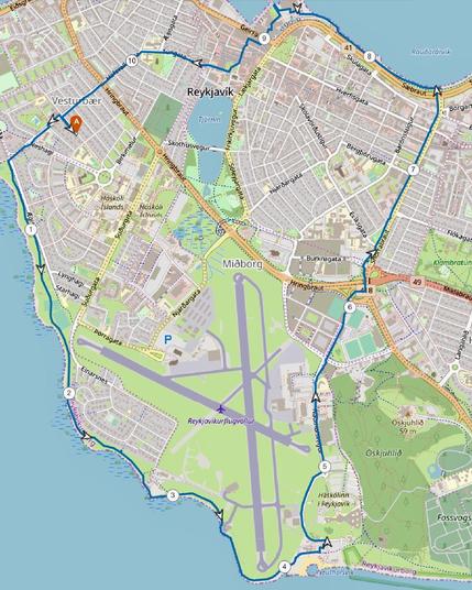 A map of downtown Reykjavík with the path I took from Vesturbær around the airport and up to the harbor and then back to mud starting point. 