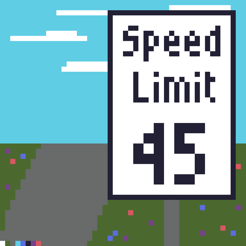 An image of a speed limit sign with a road beside it and flowers underneath it. Pixel art.