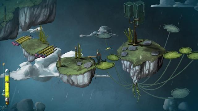 A imagem apresenta um cenário surreal e fantástico, com ilhas flutuantes suspensas em um céu nublado. As ilhas são cobertas de vegetação verde, com plantas e rochas espalhadas por toda a superfície. Uma ilha à esquerda é conectada a outra por uma ponte improvisada feita de lápis amarelos, enquanto uma terceira ilha à direita é sustentada por lótus gigantes que se estendem para baixo, criando uma rede de conexão.

No centro da imagem, um personagem humanoide está de pé em uma das ilhas, observando o ambiente. 