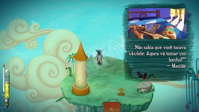 A imagem mostra um cenário de um jogo com um estilo de desenho animado. No centro, há uma ilha flutuante verde com uma torre de cono amarelo e uma planta com flores azuis. Um personagem está caminhando na ilha. No canto superior direito, há uma caixa de texto com uma citação em português: "Não sabia que você toca ukulele. Agora vá tomar um banho!" — Mamãe. Abaixo da citação, há uma imagem de uma mão tocando um ukulele. No canto inferior esquerdo, há um tubo com líquido amarelo. O fundo é azul com nuvens brancas e espiraladas.