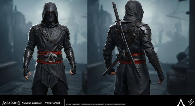 High-detail image showcasing premium Assassin’s Creed cosplay costumes and leather apparel inspired by iconic characters from the franchise. Center focus is a life-size mannequin wearing Ezio Auditore’s Renaissance-era assassin outfit—featuring a deep brown leather hood, ornate silver chest buckle, layered tunic with crimson sash, bracers, and hidden blade detail—capturing the stealthy elegance of the series. Beside it, Edward Kenway’s pirate-inspired assassin coat is displayed, complete with weathered tricorn hat, double belts, and sword scabbard. Background includes subtle Creed Leather branding, warm lighting highlighting texture and craftsmanship, and props like rolled parchment maps and replica throwing knives, evoking the adventurous, historical atmosphere perfect for cosplay or Halloween.