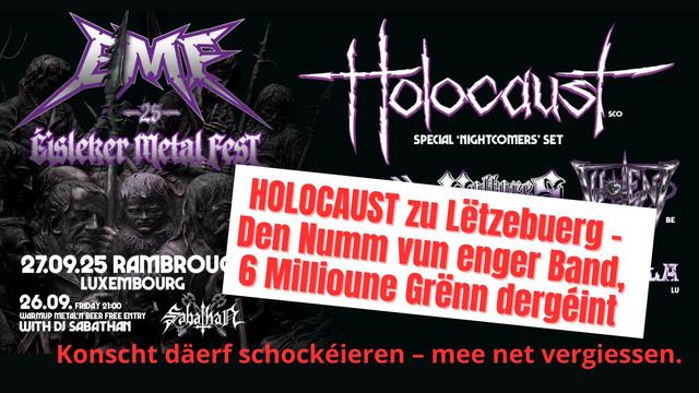 𝑯𝑶𝑳𝑶𝑪𝑨𝑼𝑺𝑻 - de Numm vun enger Band. 6 Millioune Grënn dergéint. Konscht ka schockéieren, däerf awer net vergiessen!