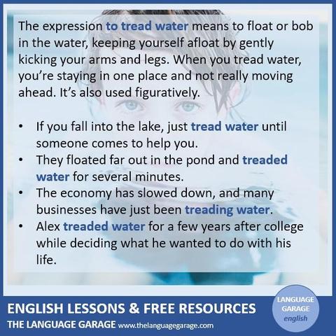 English verbs related to water, examples with tread water, image of a boy treading water in a pool