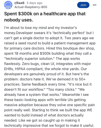 A Reddit post from the r/SaaS subreddit titled "Spent $300k on a healthcare app that nobody uses." The post describes how the user and their investors spent 18 months and $300k building a "technically perfect" patient management app that doctors hate because it doesn't fit their workflows at all