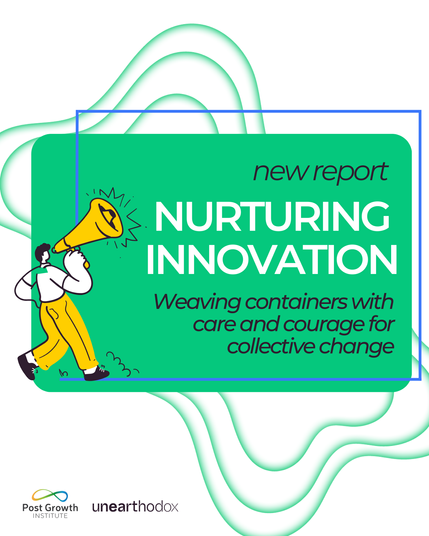 A green text box with black and white text, overlaying abstract green wavy contours. A blue box frames the text next to an illustrated person holding a bright yellow megaphone. The PGI and Unearthodox logos sit in the lower left corner.