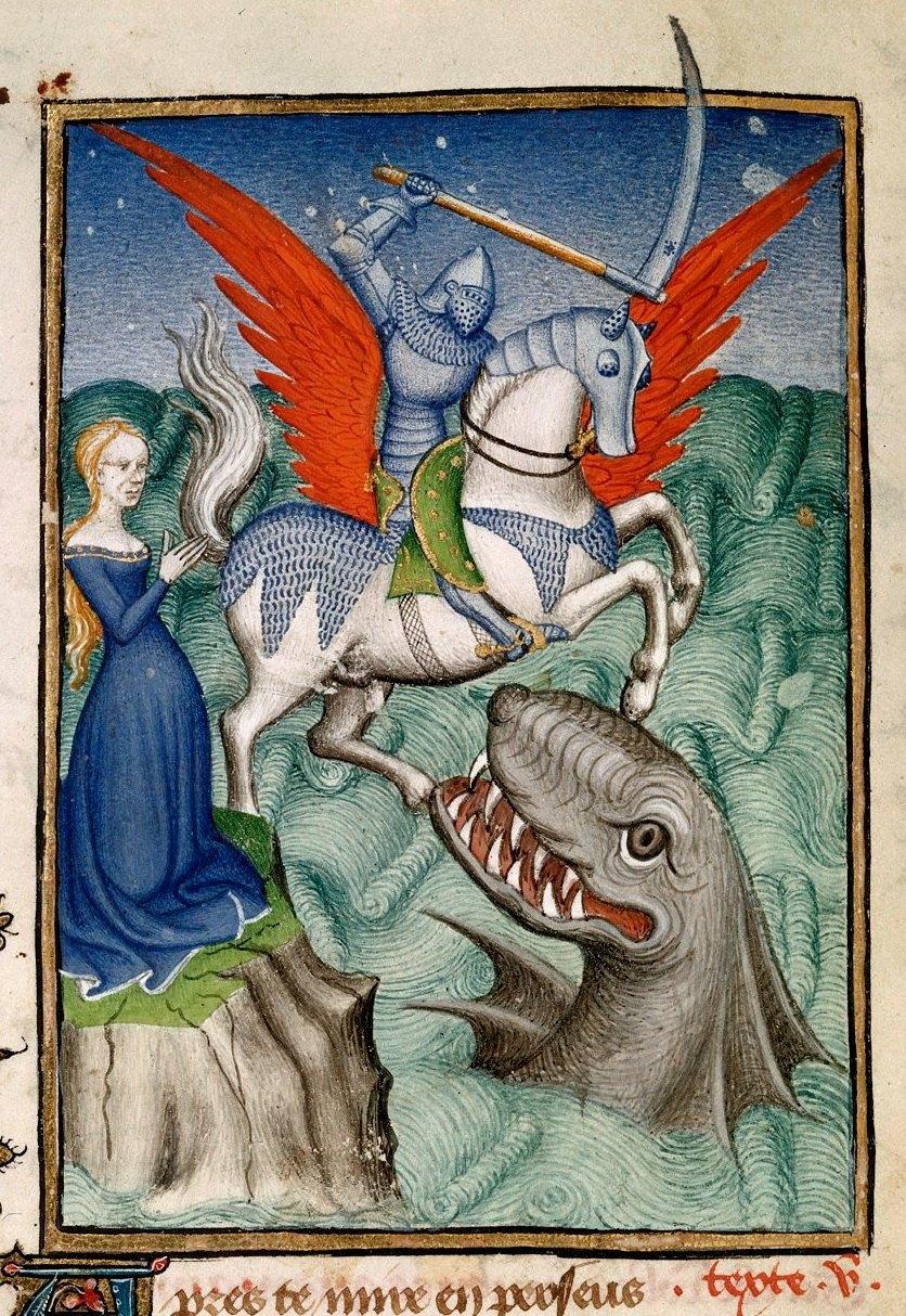 #Perseus (not Bellerophon) and #Andromeda. Christine de Pisan, L'Épître Othéa, Paris ca. 1410-1414. BL, Harley 4431, fol. 98v.
#medieval #MedievalArt