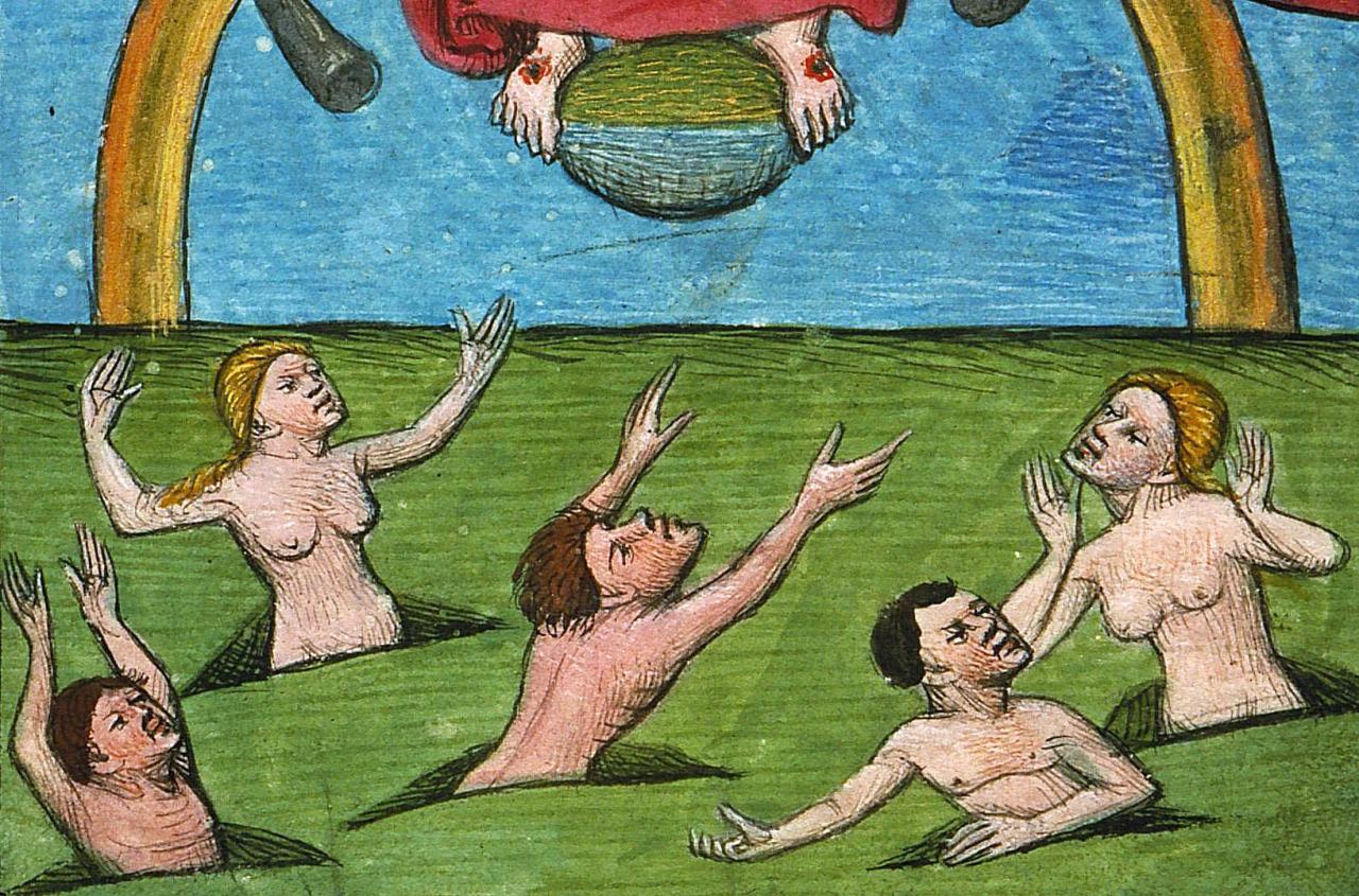 The resurrected trying to catch a watermelon. book of hours, Savoie ca. 1445-1450. Chambéry, Musée Savoisien, inv. 977-1-1, fol. 119r. #medieval #MedievalArt