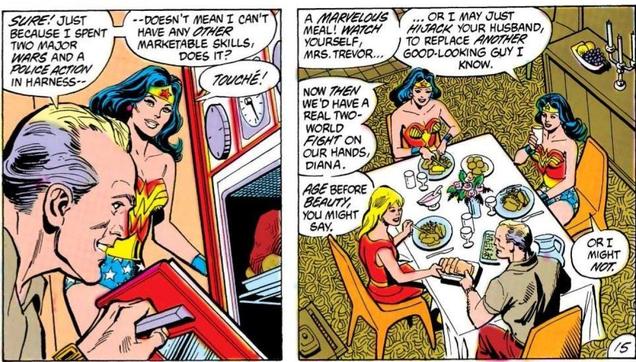 The Earth-2 Steve Trevor, Lyta Trevor, and the Earth-1 and Earth-2 Wonder Women. Art by Ross Andru.