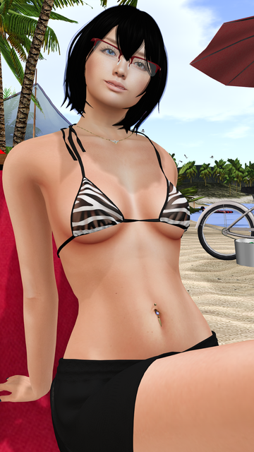 Cosplaying a character of an anime. Depicting a slender girl with short black hair, glasses with a red frame. She has a brown left eye and her right eye has the most gorgeos shade of blue sitting on a beachchair in a kinitop and black shorts.