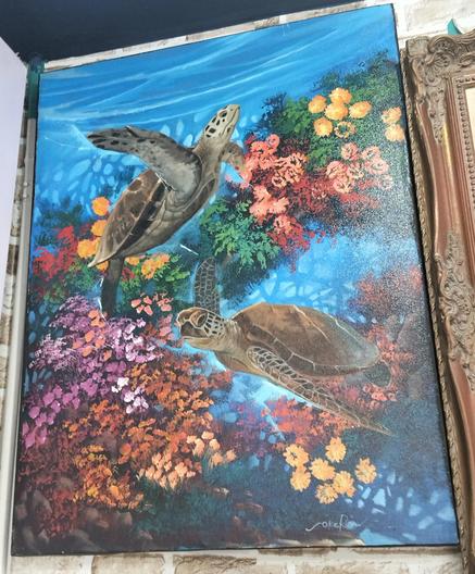 a painting of two sea turtles swimming in a bright blooming coral garden, blue cool waters , bright aquatic life everywhere 