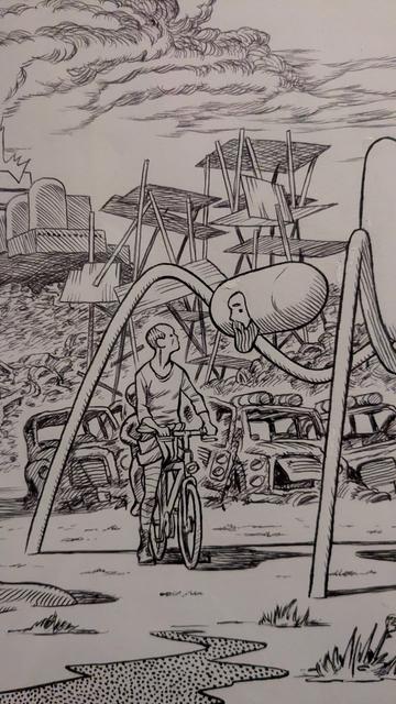 Gros plan d'une planche de la BD Saccage de Frederik Peeters. Photo prise à l'exposition La nouvelle Science Fiction à la cité de la BD d'Angoulême