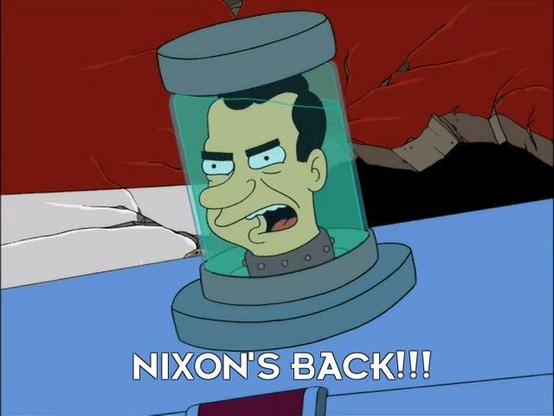 Still image from Furutama S02E07 towards the end of the episode where Nixon is made the winner of the election of Earth, and he breaks through the White House walls and proclaims "Nixon's Back!!!"