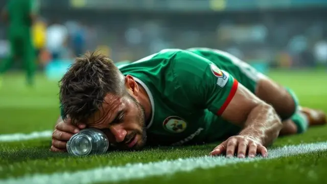 hali sahada yere yatmış yeşil formalı futbolcu kondisyonsuz