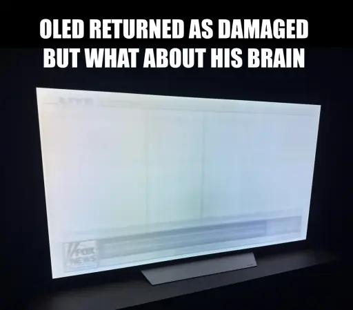 Text in capital letters says "OLED RETURNED AS DAMAGED BUT WHAT ABOUT HIS BRAIN" with a photo of an OLED TV with significant screen burn-in showing the "FOX NEWS" logo being burned into the bottom left.