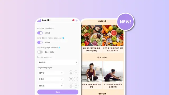 Screenshots from the Lnk.Bio interface showing the new translations features