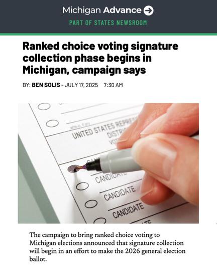 News headline from the Michigan Advance that reads "Ranked choice voting signature collection phase begins in Michigan, campaign says"