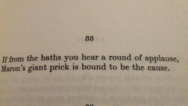 Screenshot of an epigram by Martial: "If from the baths you hear a round of applause, Maron's giant prick is bound to be the cause."