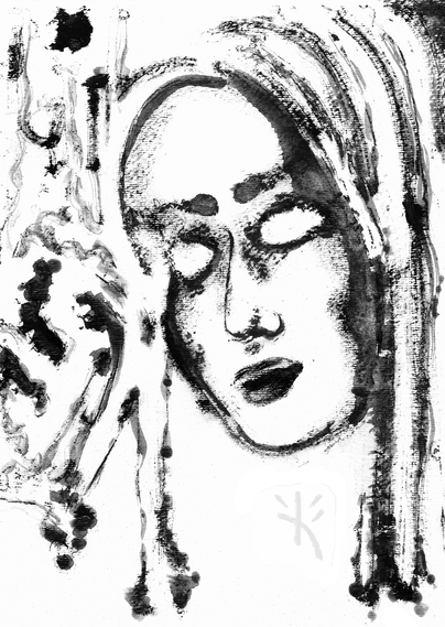 Black and white abstract ink painting of a Noh mask with freestyle brush stroke background details by Kmac.