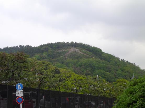 Hidari Daimonji, rising above the car park at Kinkaku-ji.
