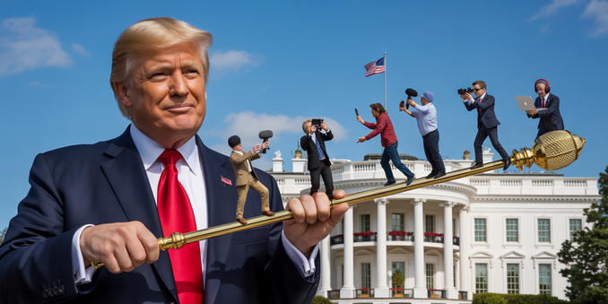 A photograph depicts former President Donald Trump, formally attired in a presidential suit and red tie, holding a gleaming golden scepter. Miniature figures representing journalists wielding microphones, influencers documenting with smartphones, bloggers typing on laptops, and podcasters wearing headphones leap playfully across the scepter's length. Behind him stands the iconic White House, adorned with waving American flags against a bright blue sky. The scene is rendered with crisp, clean li…