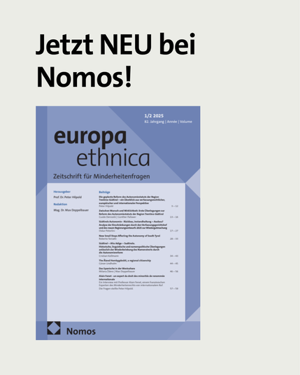 Zu sehen ist das Cover der Fachzeitschrift europa ethnica. Darüber der Text "Jetzt NEU bei Nomos"