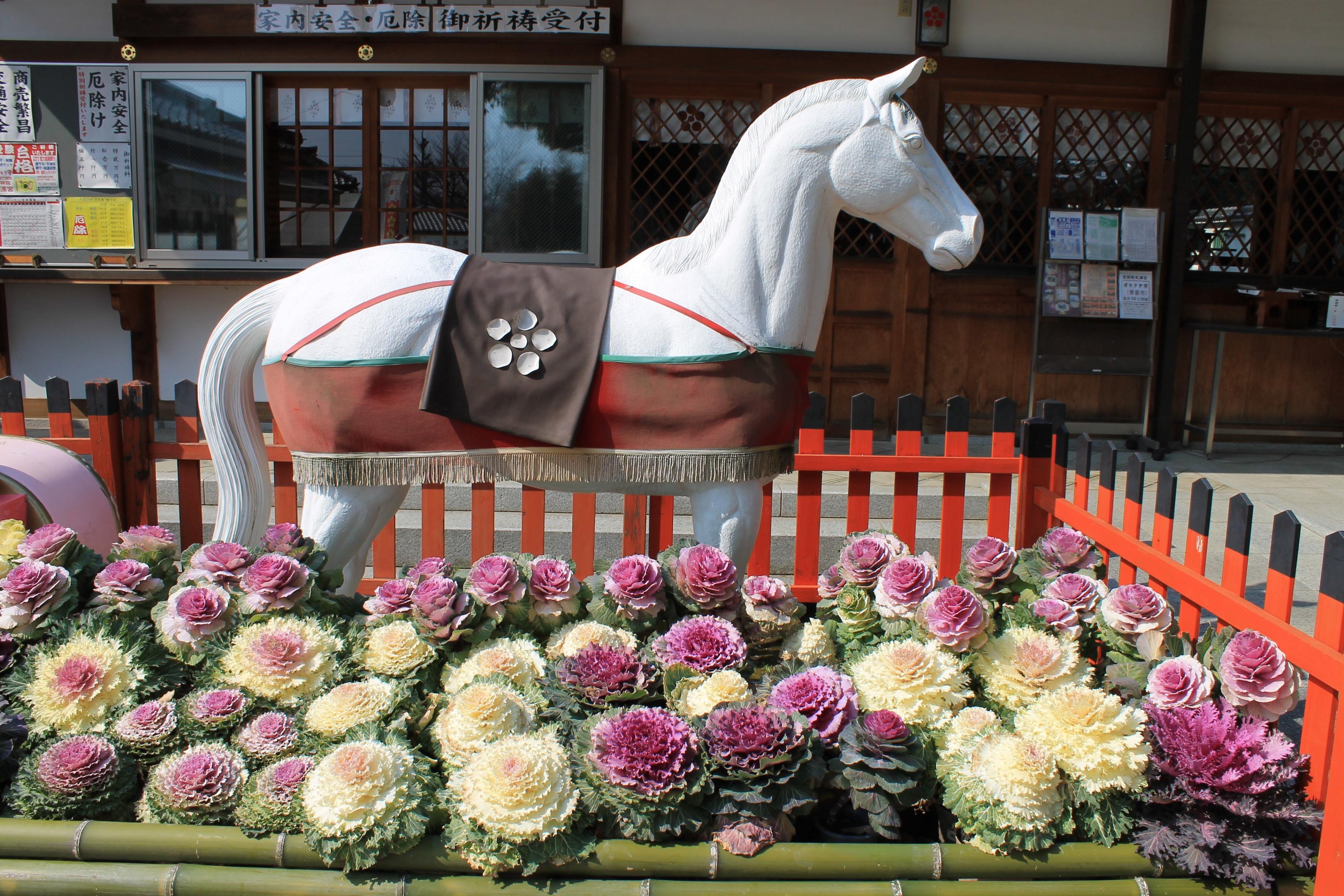 Statues of horses are a common sight in shrines. They were once gifted as offerings (in some cases as specific prayers from rain or fine weather).