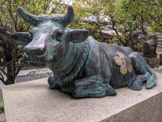 Ox statues are common in Tenmangu shrines. They are rubbed as a prayer (often people rub parts of the ox that corresponds to any illness or sickness they have on their own body).