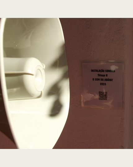 Vista lateral de um megafone de cor clara ao lado de uma legenda com informações sobre a obra. 