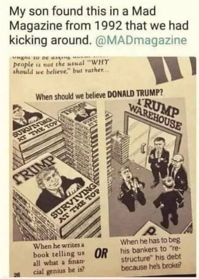 1992 Mad Magazine excerpt spoofing Donald Trump for his self-declared financial genius; two-panel comic.