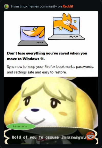 Cartoon character with yellow fur and white face saying, 'Bold of you to assume—I'm not moving to Linux.' The image references a Firefox pop-up about syncing bookmarks, passwords, and settings when switching to Windows 11.
