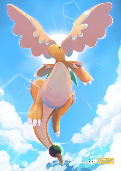 Megadragonite, un pokemon tipo dragón con alitas verdes pequeñas a la espalda. Unas alas enormes en las orejas que lo hacen volar. Él está en el centro de la imagen volando hacia arriba y con nubes a su alrededor en un cielo claro y brillante.